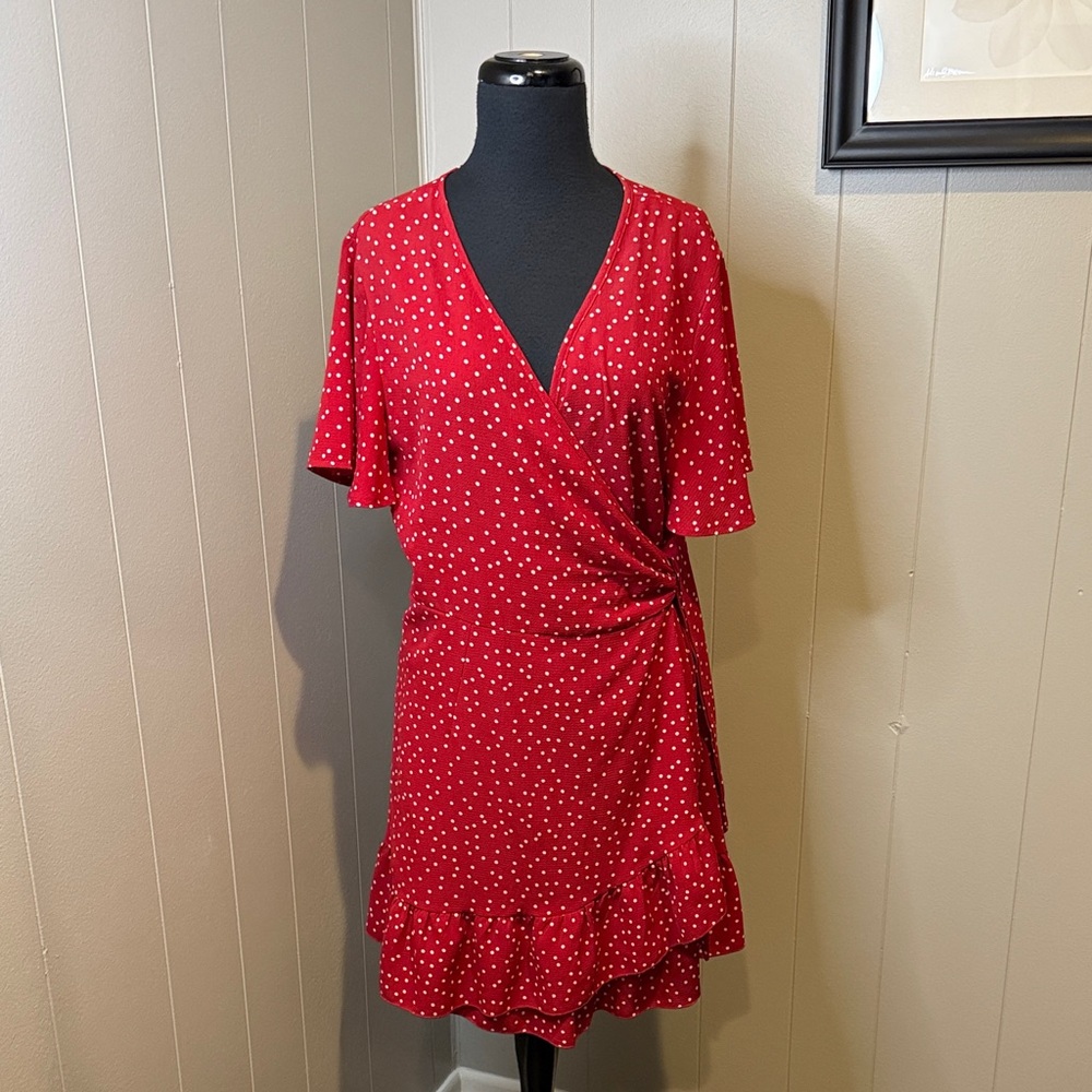 B15 Women’s Large Elegant Red Polka Dot Wrap Midi Dress
